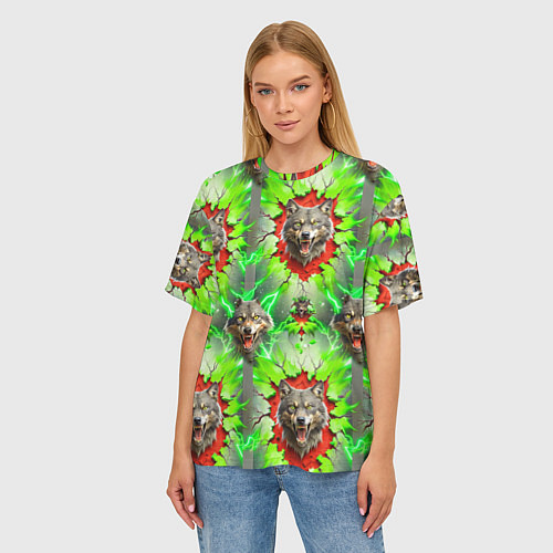 Женская футболка оверсайз Волки из зеленого паттерна / 3D-принт – фото 3