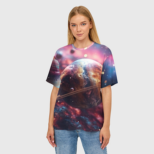 Женская футболка оверсайз Объемный космос и планеты / 3D-принт – фото 3