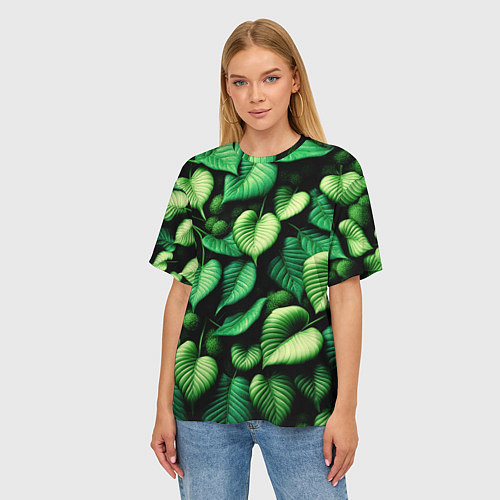 Женская футболка оверсайз Зеленые листья и мох / 3D-принт – фото 3