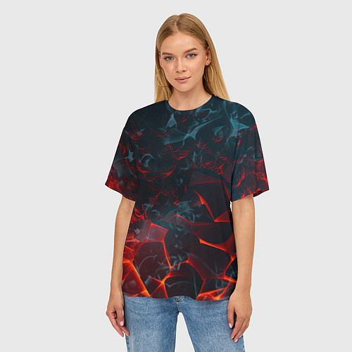 Женская футболка оверсайз Темная абстракция с разломом красных плит / 3D-принт – фото 3