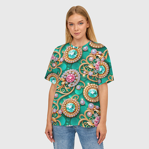 Женская футболка оверсайз Ювелирные бирюзовые украшение с золотом и бриллиан / 3D-принт – фото 3