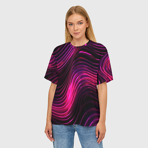 Женская футболка оверсайз Неоновая яркая геометрическая абстракция со светом / 3D-принт – фото 3