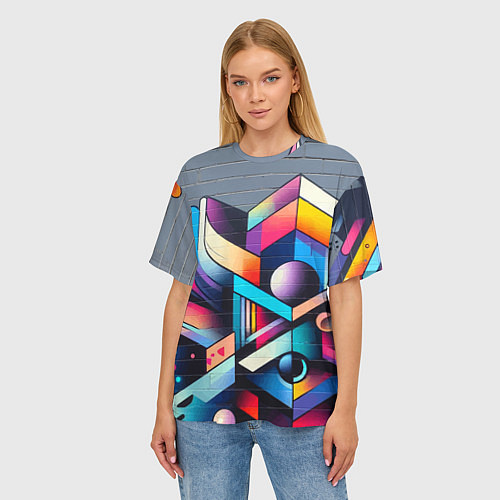 Женская футболка оверсайз Геометрическое абстрактное граффити - нейросеть / 3D-принт – фото 3