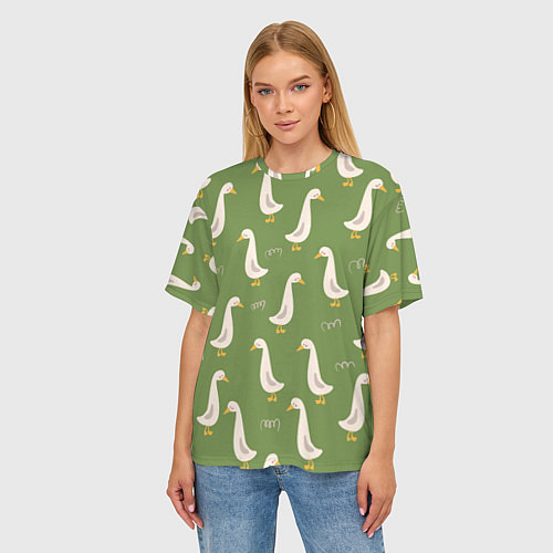 Женская футболка оверсайз Утки на зеленой травке - паттерн / 3D-принт – фото 3