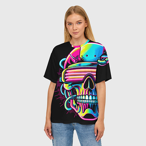 Женская футболка оверсайз Cyber skull - ai art neon / 3D-принт – фото 3