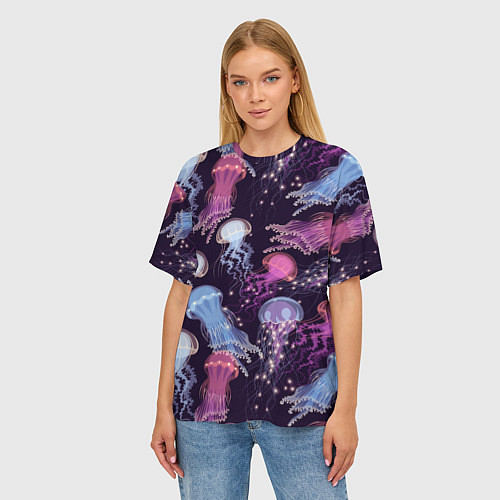 Женская футболка оверсайз Светящиеся медузы / 3D-принт – фото 3