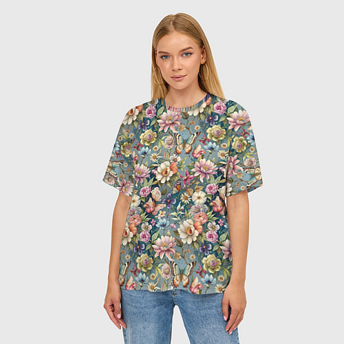 Женская футболка оверсайз Бабочки и цветы летнее сочетание / 3D-принт – фото 3