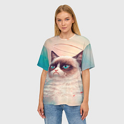 Футболка оверсайз женская Мемный кот Grumpy Cat с нимбом, цвет: 3D-принт — фото 2