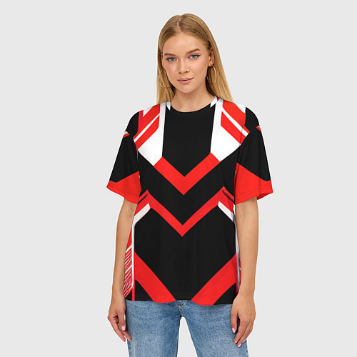 Женская футболка оверсайз Красно-белые полосы и чёрный фон / 3D-принт – фото 3