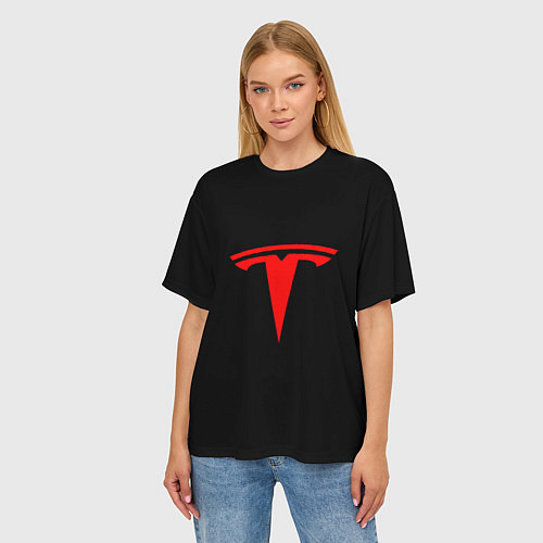 Женская футболка оверсайз Tesla red logo / 3D-принт – фото 3