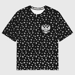 Женская футболка оверсайз Герб РФ и ласточки на чёрном