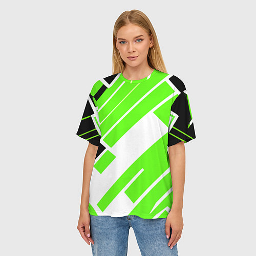 Женская футболка оверсайз Зелёные широкие линии на белом фоне / 3D-принт – фото 3