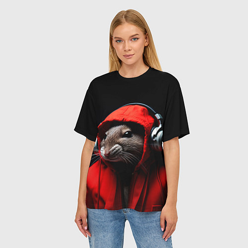 Женская футболка оверсайз Крыса диджей в наушниках и капюшоне / 3D-принт – фото 3