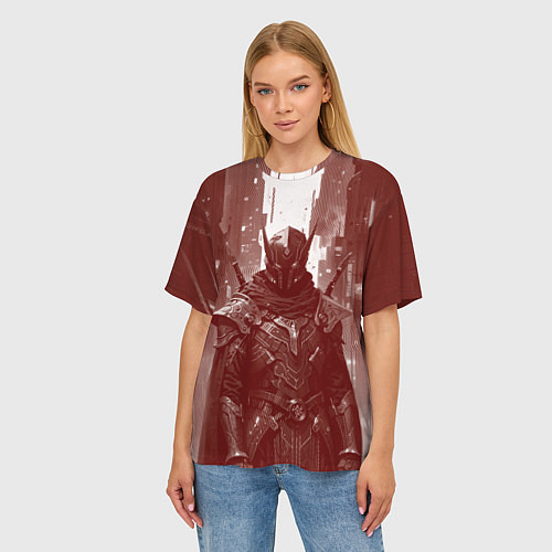 Женская футболка оверсайз Воин в бордовых тонах / 3D-принт – фото 3