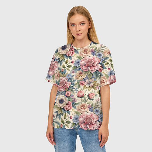 Женская футболка оверсайз Нежные цветочные мотивы / 3D-принт – фото 3