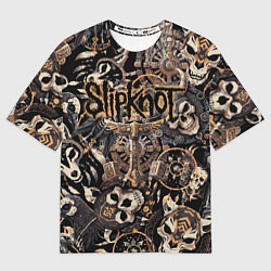 Футболка оверсайз женская Slipknot на фоне масок черепов животных, цвет: 3D-принт