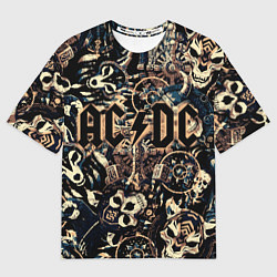 Женская футболка оверсайз AC DC на фоне викингов рун воронов и черепов