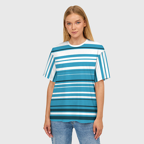 Женская футболка оверсайз Бело-голубой в полоску / 3D-принт – фото 3
