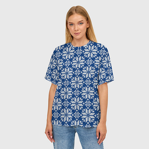 Женская футболка оверсайз Синий вязаный орнамент / 3D-принт – фото 3
