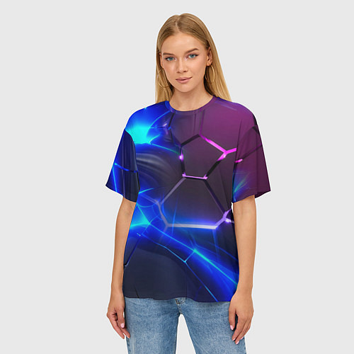 Женская футболка оверсайз Микс разломленных плит и неоновое свечения / 3D-принт – фото 3