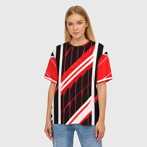 Женская футболка оверсайз Red and white lines on a black background / 3D-принт – фото 3