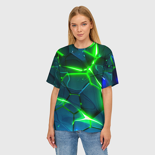 Женская футболка оверсайз Неоновые яркие зеленые разломленные плиты со свето / 3D-принт – фото 3