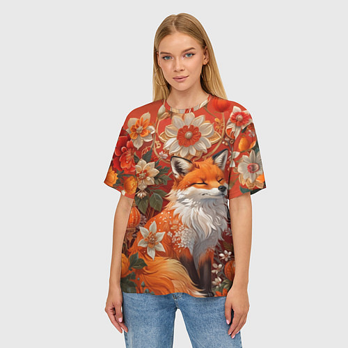 Женская футболка оверсайз Умилительный лисёнок в цветах / 3D-принт – фото 3
