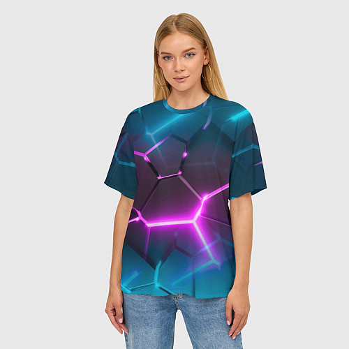 Женская футболка оверсайз Голубые и розовые неоновые плиты в разломе / 3D-принт – фото 3