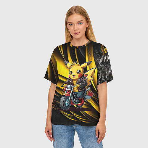 Женская футболка оверсайз Пикачу на красном мотоцикле / 3D-принт – фото 3