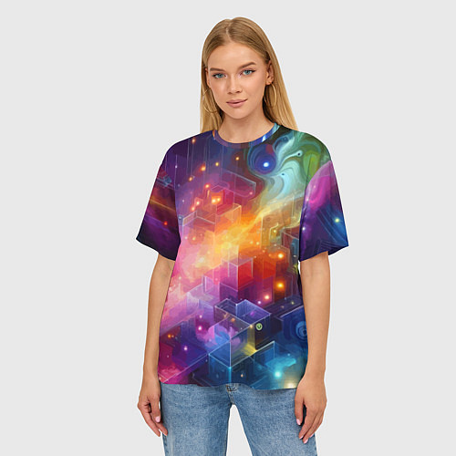 Женская футболка оверсайз Геометрический неоновый космос - нейросеть / 3D-принт – фото 3