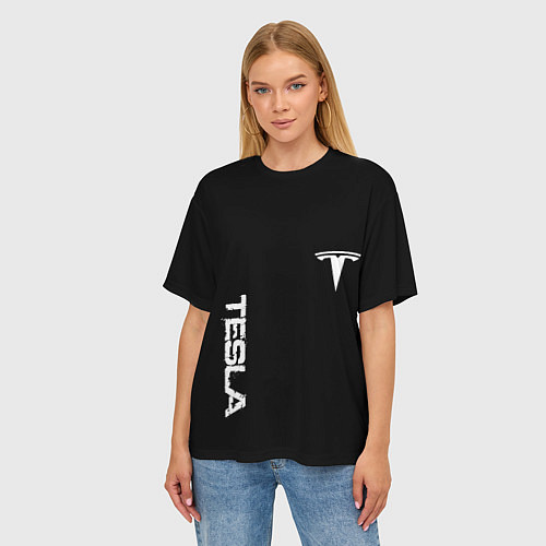 Женская футболка оверсайз Tesla logo white / 3D-принт – фото 3