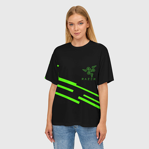 Женская футболка оверсайз Razer line green / 3D-принт – фото 3