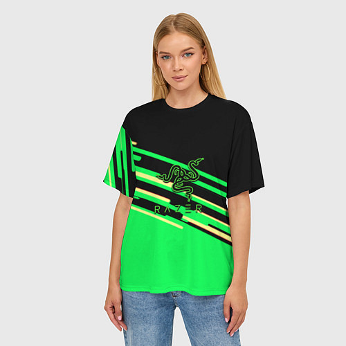 Женская футболка оверсайз Razer line green pattern / 3D-принт – фото 3