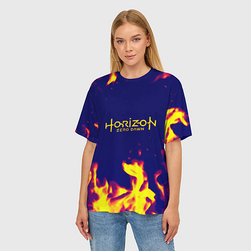Женская футболка оверсайз Horizon zero dawn flame yellow / 3D-принт – фото 3