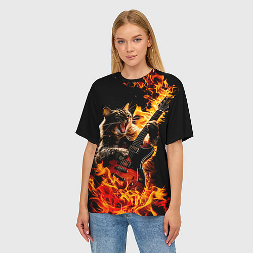 Женская футболка оверсайз Кот в огне играет рок / 3D-принт – фото 3