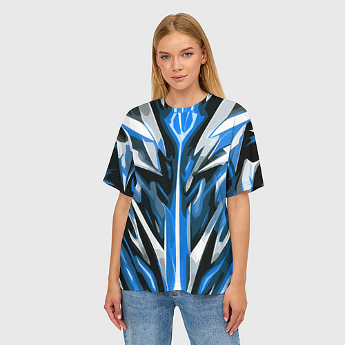 Женская футболка оверсайз Хаотичная сине-белая абстракция на чёрном фоне / 3D-принт – фото 3