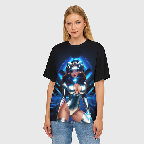Женская футболка оверсайз Космическая девушка в блестящем костюме с ушками / 3D-принт – фото 3