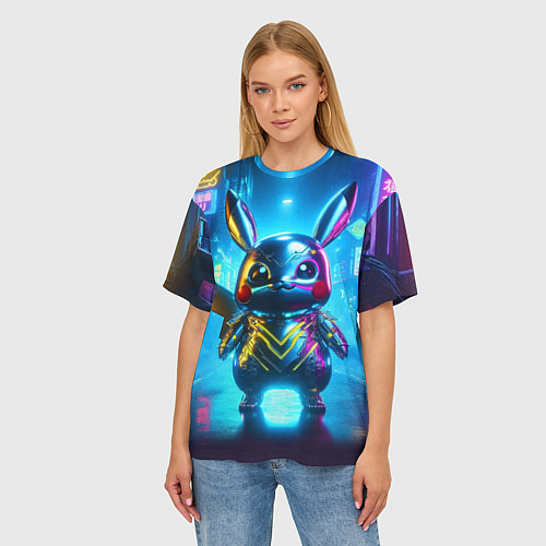 Женская футболка оверсайз Neon cyber Pikachu made of metal steel - ai art / 3D-принт – фото 3