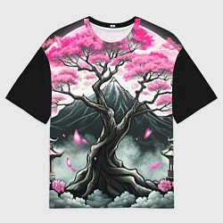 Футболка оверсайз женская Япония сакура и горы, цвет: 3D-принт