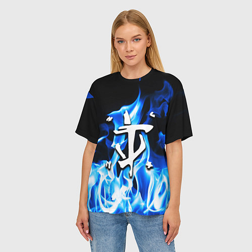 Женская футболка оверсайз Doom fire знак / 3D-принт – фото 3