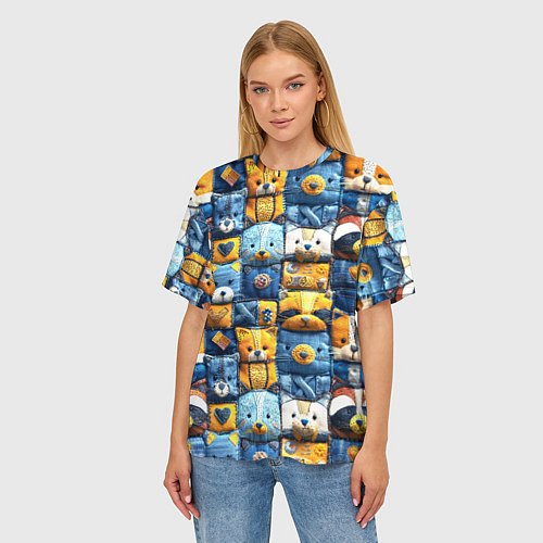 Женская футболка оверсайз Пэчворк с мордашками енотов / 3D-принт – фото 3