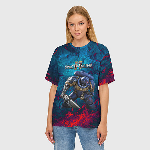Женская футболка оверсайз Warhammer 40000 space marine 2 ультрамарин / 3D-принт – фото 3