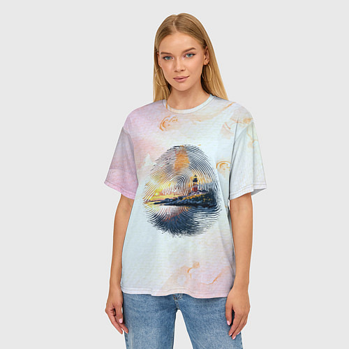 Женская футболка оверсайз Маяк у моря на закате в отпечатке пальца / 3D-принт – фото 3
