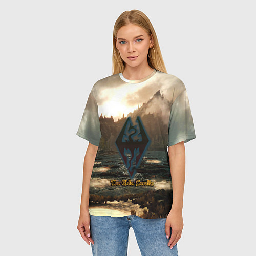 Женская футболка оверсайз Skyrim logo природа / 3D-принт – фото 3