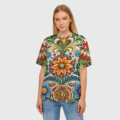 Женская футболка оверсайз Русские классические узоры и орнамент / 3D-принт – фото 3