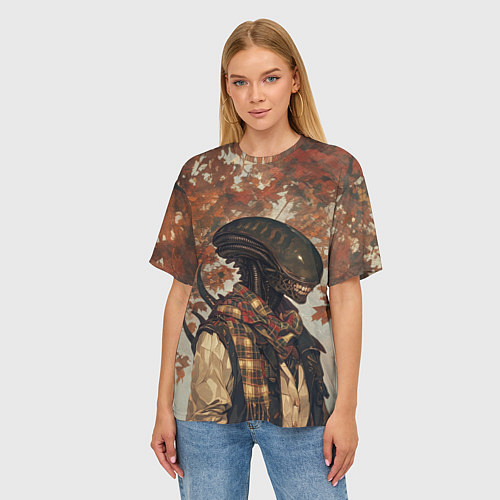 Женская футболка оверсайз Ксеноморф в клетчатом шарфе / 3D-принт – фото 3