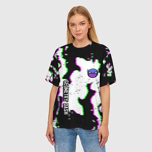 Женская футболка оверсайз Geometry dash glitch flame / 3D-принт – фото 3