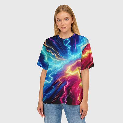 Женская футболка оверсайз Разряд неоновых молний - нейроарт / 3D-принт – фото 3