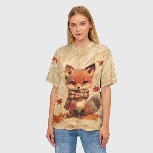 Женская футболка оверсайз Осенний лисёнок в шарфе / 3D-принт – фото 3