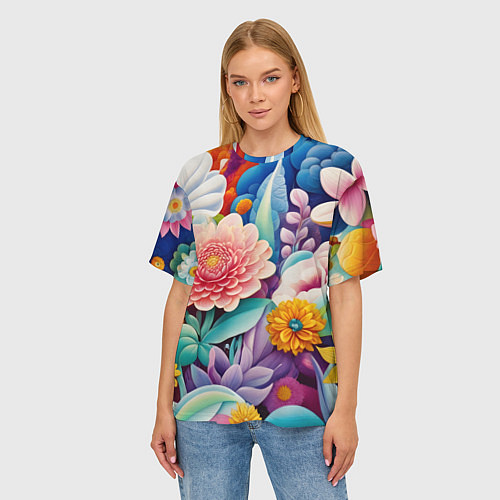 Женская футболка оверсайз Лето объемные цветы / 3D-принт – фото 3